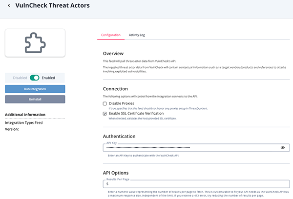 Threat Actors Configuration Screen